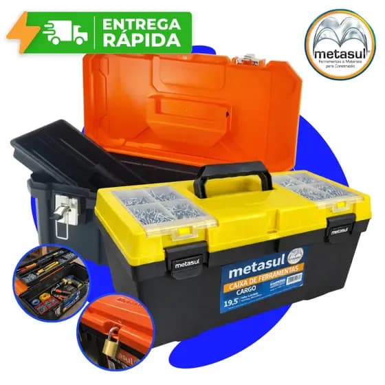 Maleta Caixa de Ferramentas Com Tampa Organizadora Cargo 19.5" Metasul Multiuso Reforçada com Bandeja Extra