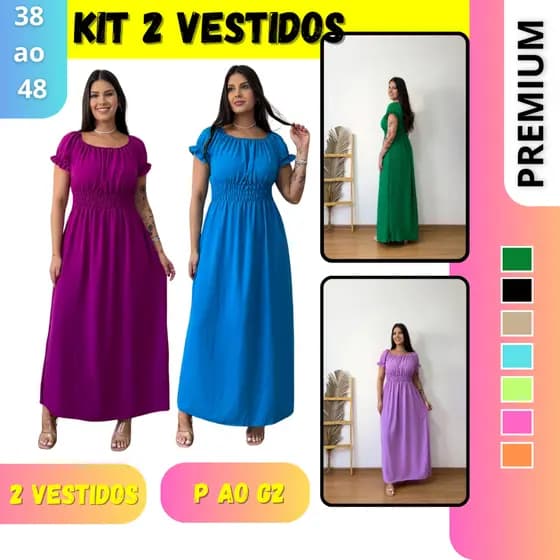 Kit 2 Vestido Longo Feminino Evangélico Manga Curta Princesa Elastex