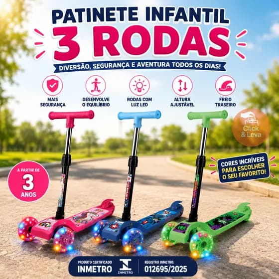 Patinete Infantil 3 Rodas Com LED Luzes Menino Menina Patinete Unicórnio Heroi Capitão Regulável Resistente