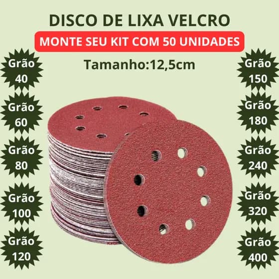 Kit Disco Lixa Velcro 125mm Aço Ferro Madeira Tinta 50 unidades Grãos 40 60 80 100 120 150 180 240 320 400