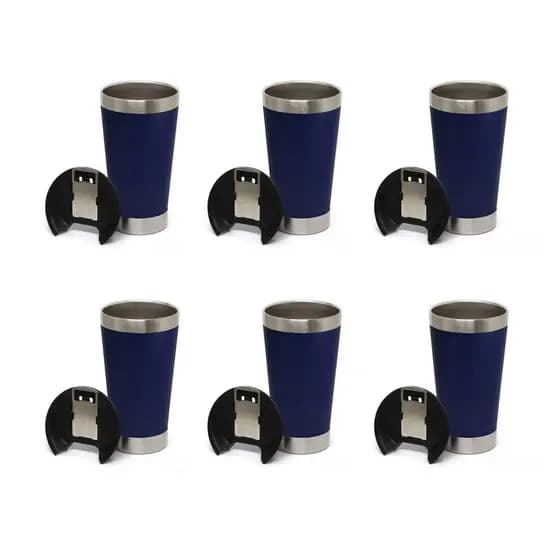 Kit 6 Copos Térmico De Cerveja Café Aço Inox 473ml Com Tampa Azul