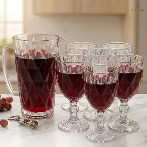 Kit Jarra Diamond 1,2L + 6 Taças Diamond de Vidro Conjunto para Água, Suco e Drinks
