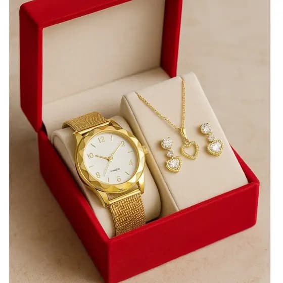 🔥LANÇAMENTO🔥 Relógio Feminino + Kit Colar Brincos Folheados A Ouro 18k