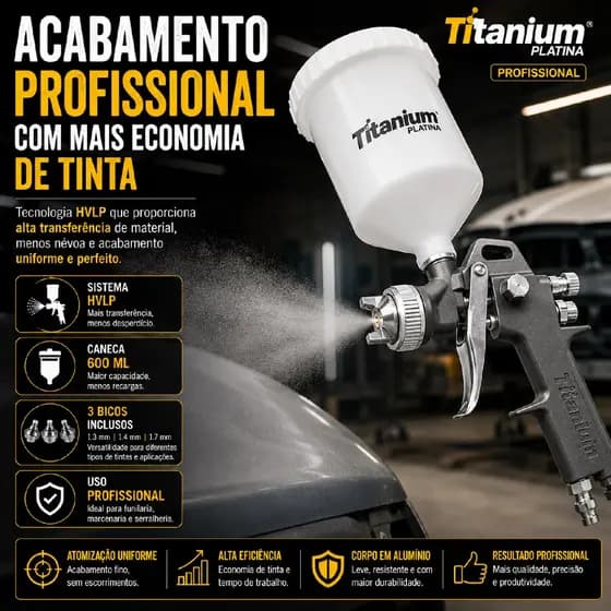 Kit Pistola de Pintura HVLP com Bicos 1,2mm / 1,5mm / 1,8mm por Gravidade – Titanium Platina