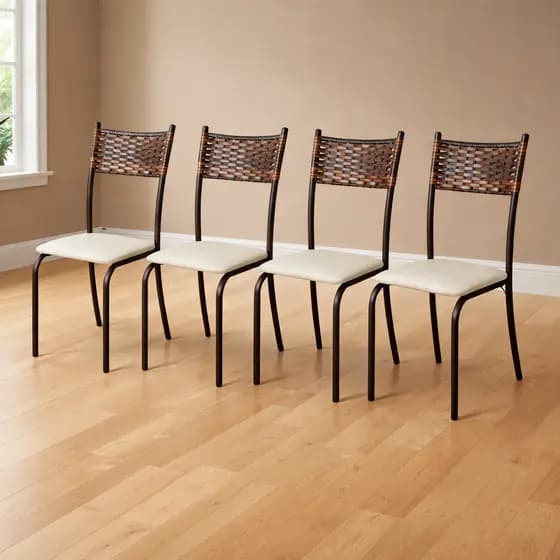 Kit Conjunto 4 Cadeiras Fibra Cozinha E Sala Jantar Aço Tubular Marrom Assento Estofado Impermeável