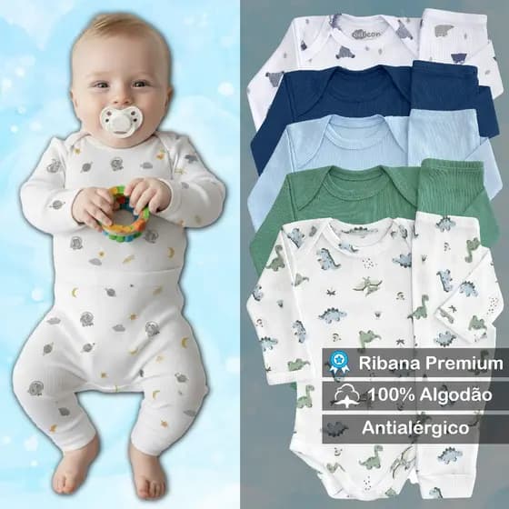 Kit 5 Conjuntos Body + Calça (3 Lisos e 2 Estampados) Bebê Premium Pagão Canelado Longo 100% Algodão