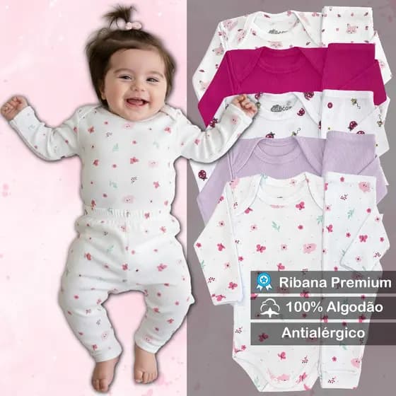 Kit 5 Conjuntos Body + Calça (3 Estampados e 2 Lisos) Premium Bebê Pagão Canelado Longo 100% Algodão
