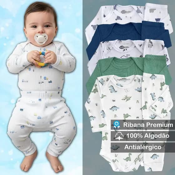 Kit 5 Conjuntos Body + Calça (3 Estampados e 2 Lisos) Bebê Pagão Canelado Premium Longo 100% Algodão