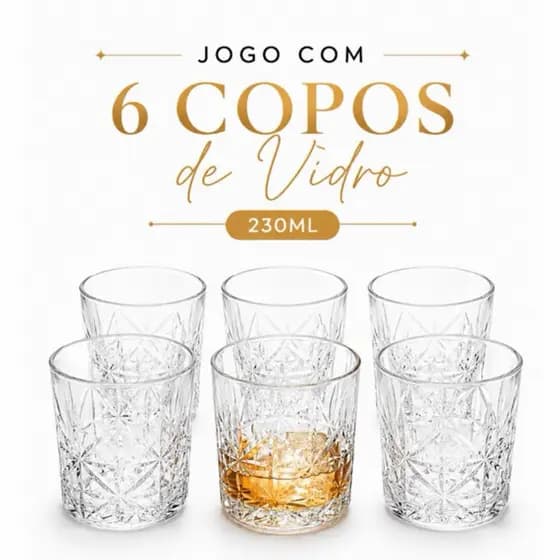 Jogo 6 Copos Whisky Drink Vidro 230ml Bebidas Bar Uísque Licor Resistente Luxo