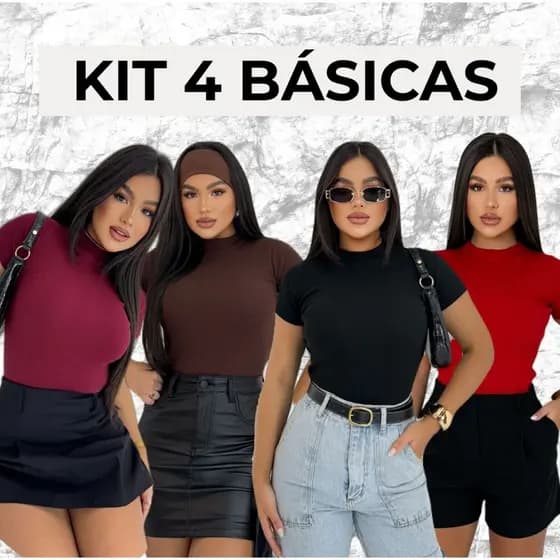 kit 4 Blusa Básica Ribana Canelado Lisas Premium Casual Moda Gringa Basico Camiseta T-Shirt Trabalho