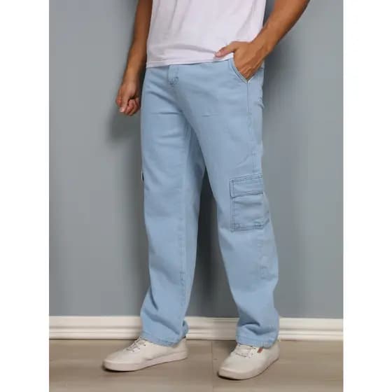 calça cargo jeans larga bolsos lateral