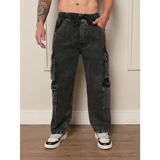 Modelo Novo Calça Cargo Masculina Jeans Preto Lavado Estonado Original Reta Solta 8 Bolsas