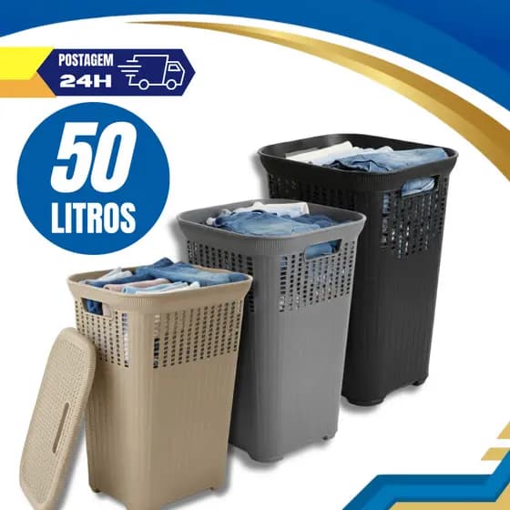 Cesto Telado Rattan 50 Litros Com Tampa Premium