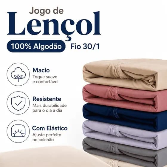Jogo De Lençol 100% Algodão Fio 30/01 Premium Com Elástico Tecido Liso Não Desbota Várias Cores