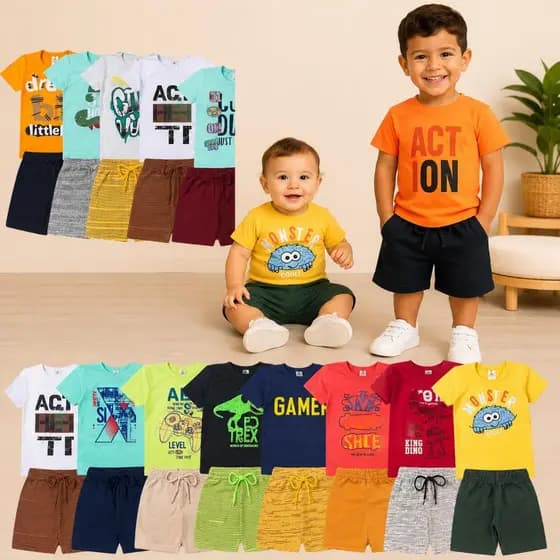 Kit Sortido 8 Peças de Roupas Infantil Menino- 4 Camisetas + 4 Bermudas - Kit 4 Conjuntos de Roupa Verão Masculino