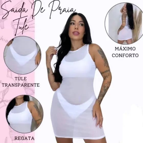 Vestido Saida de Praia De Tulle Regata Moda Praia Virada de Ano Piscina Cachoeiras Moda Feminina Ano Novo Natal Verão