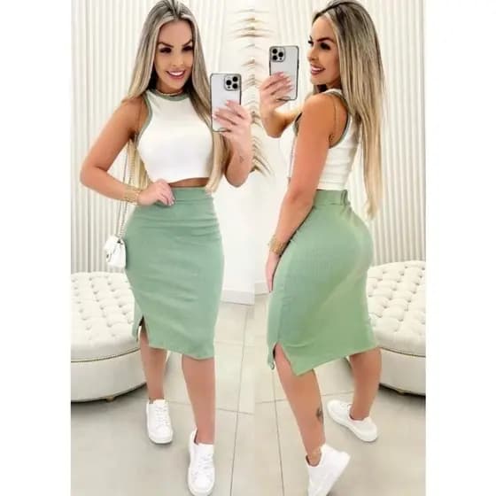 Conjunto Bicolor Cropped + Saia Midi com Fendas Laterais Feminina Ribana Canelada Moda Verão Natal e Ano novo