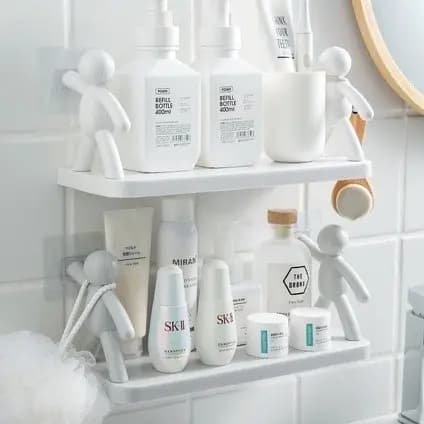 Prateleira plástico com adesivo Suporte Prateleira Boneco Multifuncional Banheiro Cozinha Buddy Decoração (Enviar imediatamente)