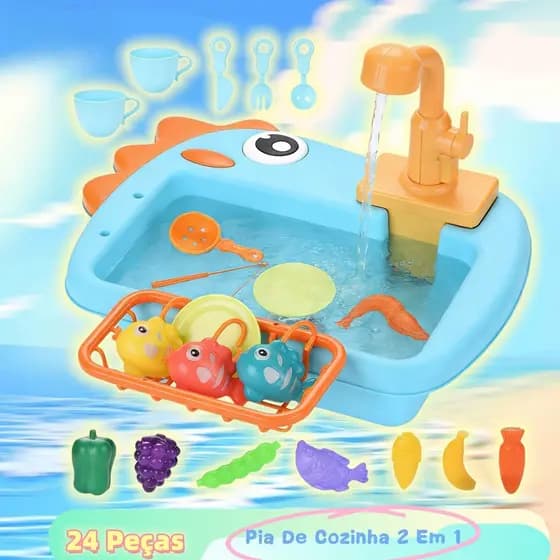 Pia Infantil 2 em 1 com Água Corrente + Brinquedo de Pesca – Divertido e Educativo