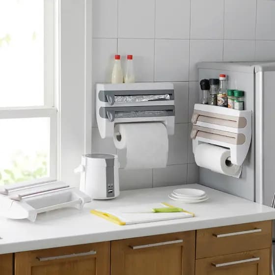 Dispenser 4 em 1 Cortador Papel Filme Aluminio Porta Papel Toalha Tempero Organizador de Cozinha