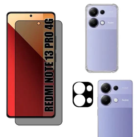 Kit Para Redmi Note 13 Pro 4G | Película de Privacidade 3D - Capa Anti Shock - Película da Câmera 3D