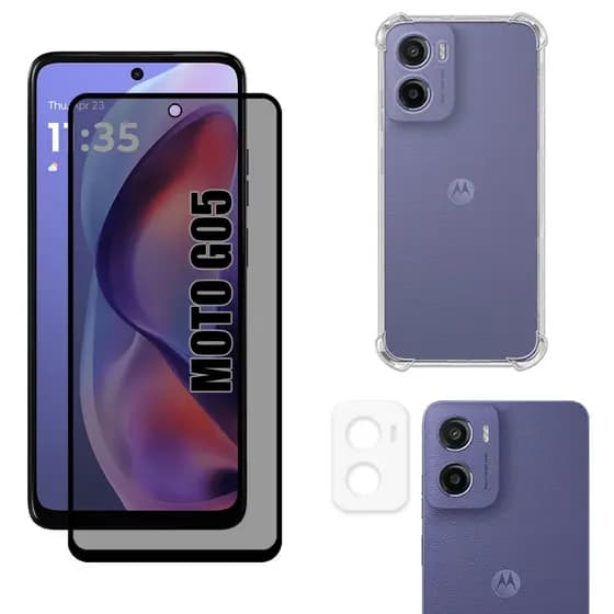 Kit Para Moto G05 | Película de Privacidade 3D - Capa Anti Shock - Película da Câmera 3D