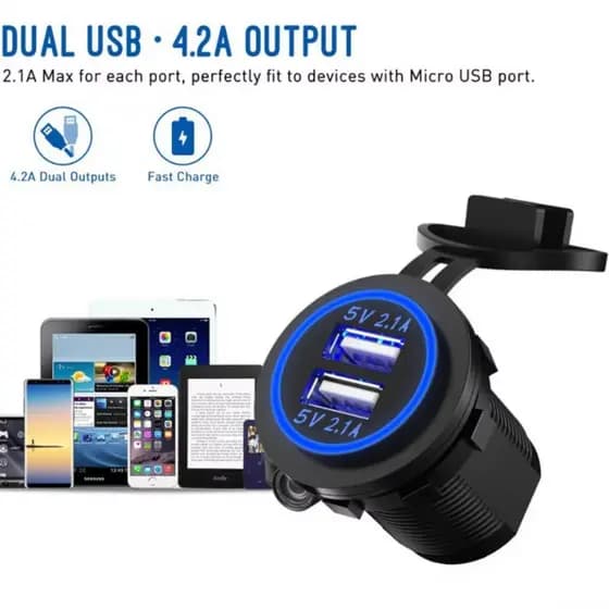Carregador De Carro Com Porta USB Dupla 12/24V Para Motocicleta 5V 4.2A Tomada Adaptador De Carga Rápida À Prova D'água