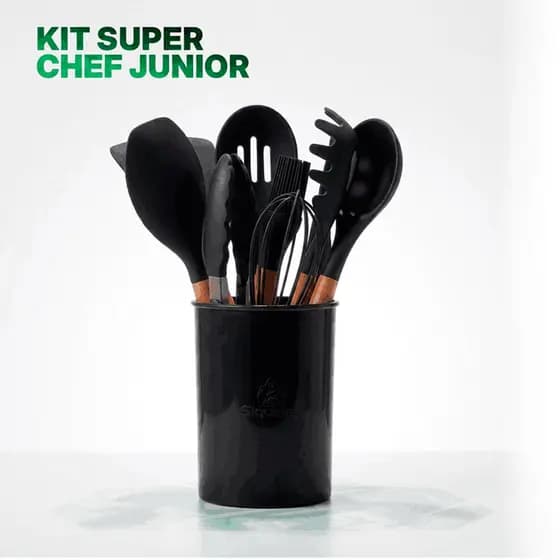 Kit 12 Utensílios Infantil Super Chef Jr De Cozinha Em Silicone E Cabo De Madeira - S Siqueira