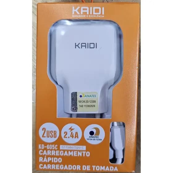 Carregador Kaidi Fonte 2 USB + Cabo Iphone/Cabo V8/Cabo Type-c KD-605A/KD-605S/KD-605C