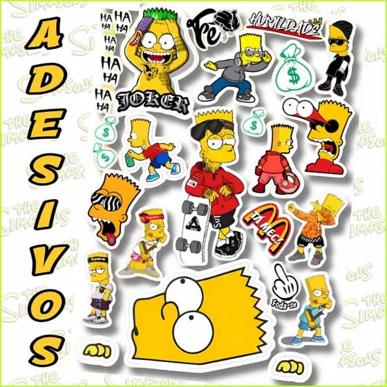 Kit + 26 Adesivos Bart Simpson para Moto, Bike, Skate, Notebook, Celular – Sticker Impermeável