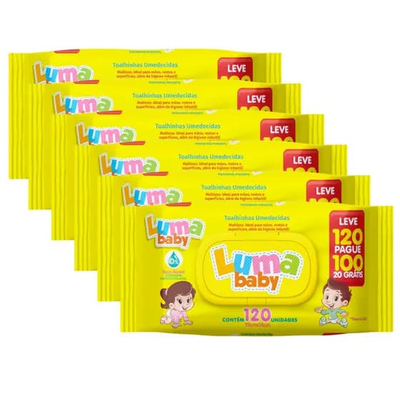 Kit C/6 Toalha Umedecida Luma Baby Leve 120 Pague 100 Total 720