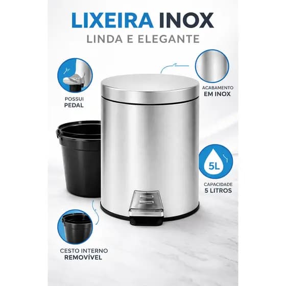 Lixeira Inox 5 Litros c/ Pedal e Cesto Removível Lixo Pequeno Banheiro Cozinha Casa Escritório