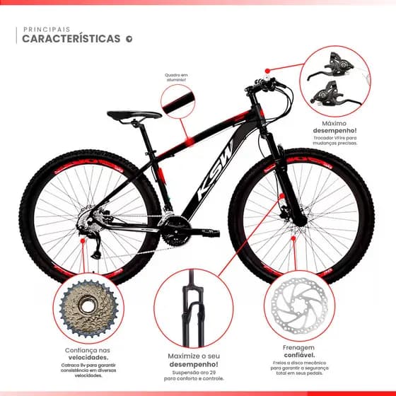 Bicicleta Aro 29 Ksw XLT 100 Alumínio 24v V-Fire Freio a Disco Suspensao MTB