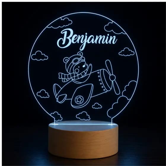 Luminária Abajur LED 3D Personalizada com nome Benjamin Ursinho Aviador
