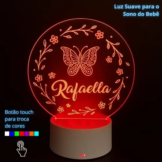 Luminária LED 3D Personalizada com nome Rafaella – Abajur Infantil Decorativo Quarto Menina