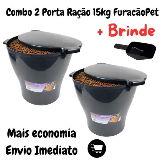 Kit com 2 Porta Ração Pote 15kg + Brinde Tampa Vedada Antiformiga 24h Cor Preto Liso Furacãopet