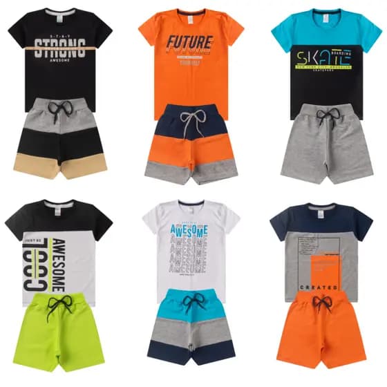 Conjunto Infantil Menino Juvenil 1 ao 16 com Manga ou Regata algodão Bermuda e Camiseta Infantil kit