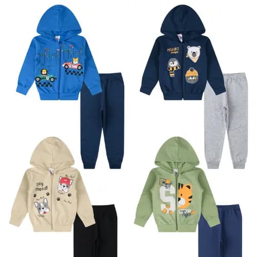 Conjunto de Moletom Jaqueta Zíper + Calça Flanelada 2 Peças Menino Outono Inverno 1 a 16 anos