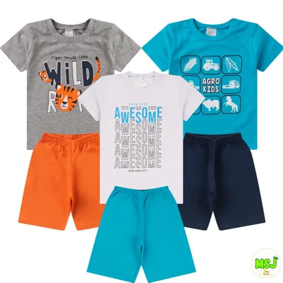 Kit 6 peças Sortido Roupa Infantil Menino Conjunto Masculino 3 Camisetas + 3 Bermudas Infantil Meninos Primavera Verão 1a 14 anos Confortável