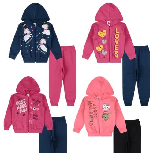 Kit 2 Conjuntos de Moletom Jaqueta Zíper + Calça Flanelada 4 Peças Menina Outono Inverno 1 a 16 anos