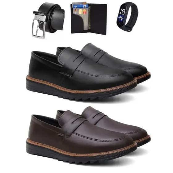 Kit 2 Pares Mocassim Masculino Oxford de Couro Legitimo Super Macio Confortável Calce Facil + Cinto Carteira Relógio