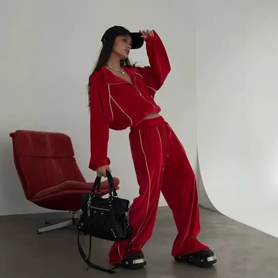 Novo Conjunto Feminino 2026: Cardigã de Veludo com Mangas Longas e Bolsos, em Cores Contrastantes, e Calças - Conjunto d