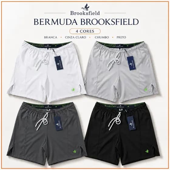 Shorts Masculino Brooksfield Luxo Premium Bordado Neon Praia Academia Bermuda Leve Respirável com Bolsos