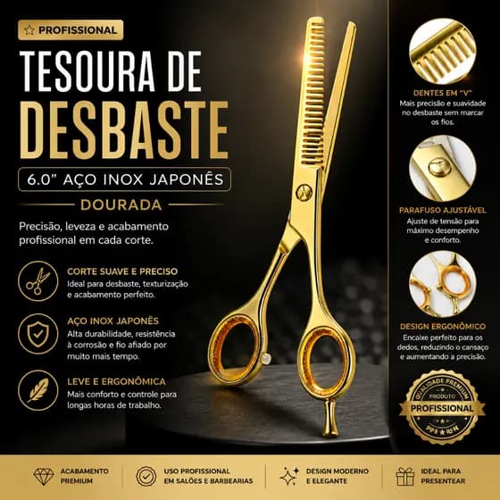 Tesoura de Desbaste Profissional 6.0" Aço Inox Japonês Dourada para Cabeleireiro