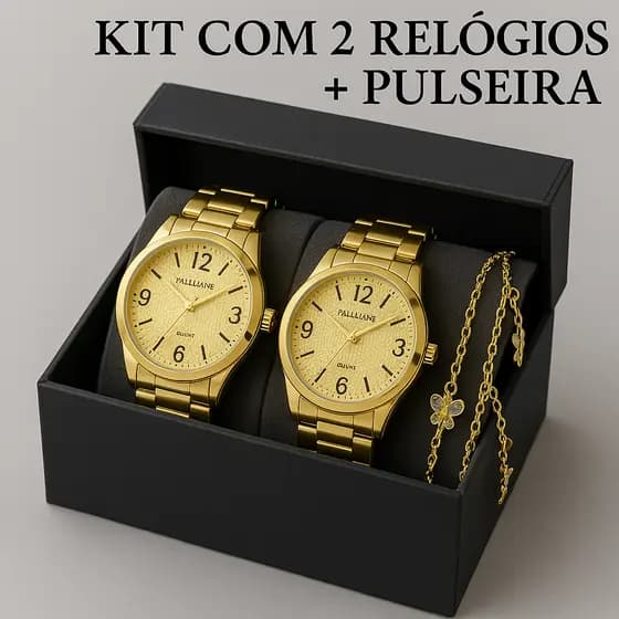 Conjunto Kit 2 Relógio Feminino Dourado Banhado a Ouro 18k Original Resistente a água + 2 Pulseira Dourada