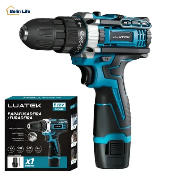 Parafusadeira Furadeira de Impacto 12V Sem Fio 2 Velocidades Kit Profissional Maleta Luatek LWJ-273