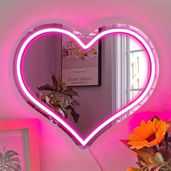 Espelho de Parede Coração Neon LED Rosa em acrílico Transforme seu Salão Quarto sala com Estilo