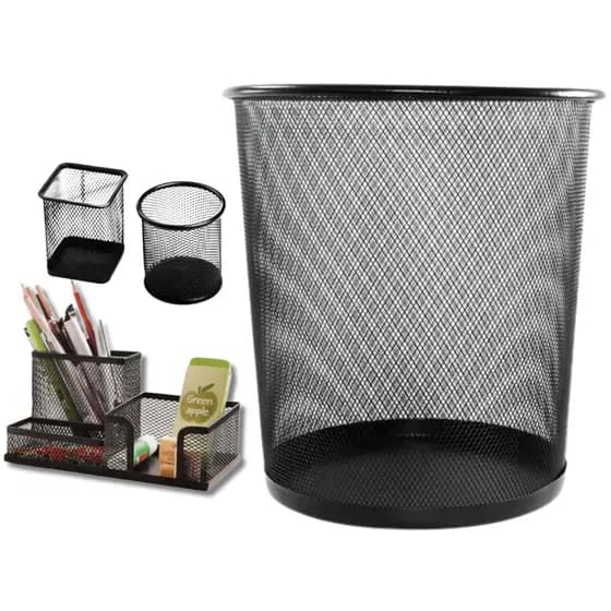 Kit Escritório 2 Organizador Porta Caneta Lixeira Metal Porta Treco 3 Divisórias Home Office Clips