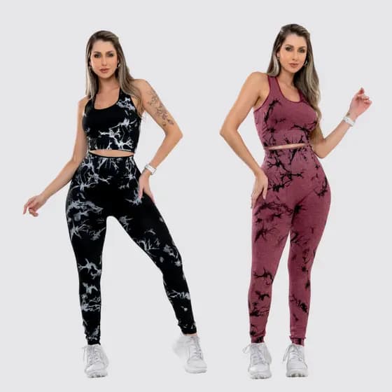 Kit 2 Conjunto Top e Calça Legging Tie-Dye Cintura Alta Fitness Academia