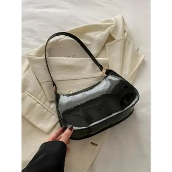 Bolsa Feminina Baguete de Ombro Brilhante com Fecho de Zíper